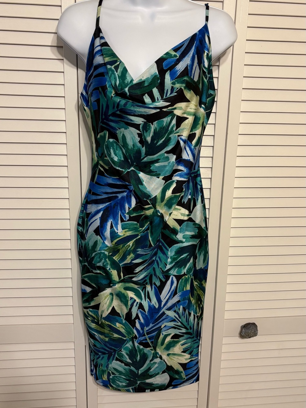 iris Tropical Leaf Slip Dress With Soft Draped Neckline- Blue & Green